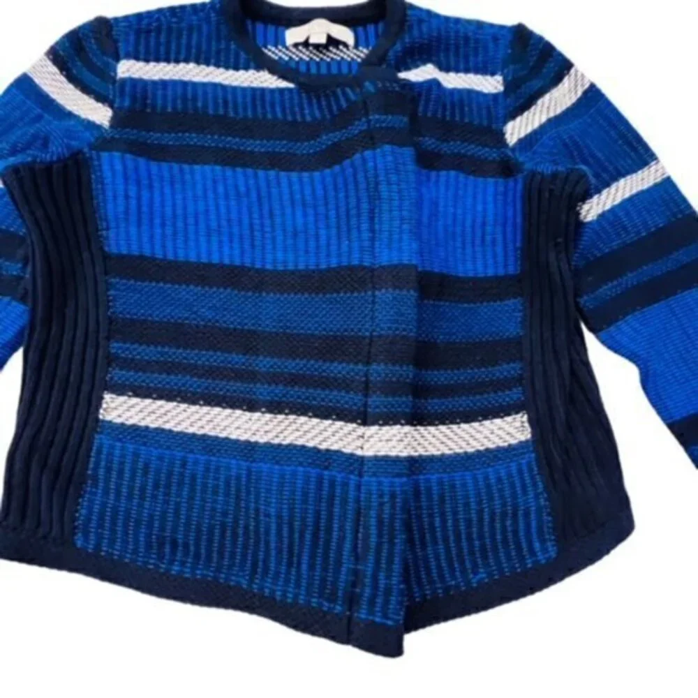 LOFT Womens Striped SOFT Knit MOTO Jacket Asymmetrical Zip Blue Black CITY‎ EUC